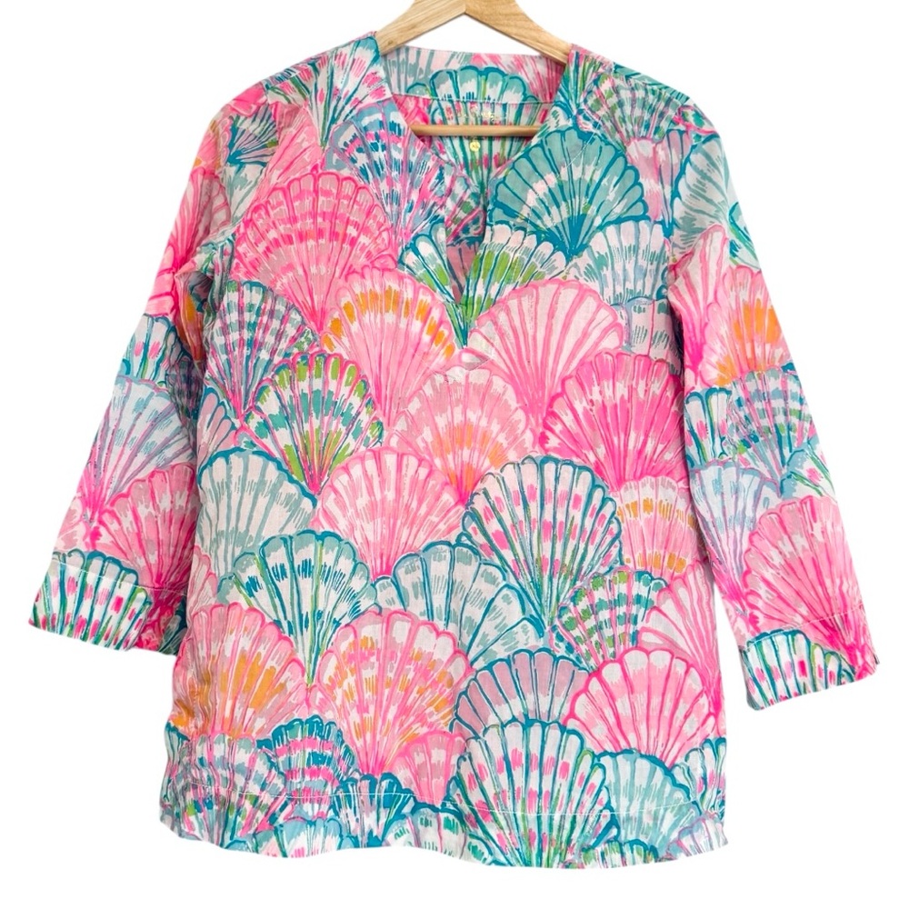 Lilly Pulitzer Amelia Island Tunic Pink and Blue Shell Patterned Top XS Tropical